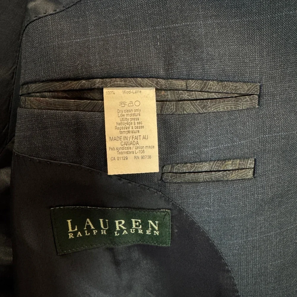 Lauren Ralph Lauren Mens 44R Navy Blue Windowpane‎ 100% Wool Blazer Sport Coat